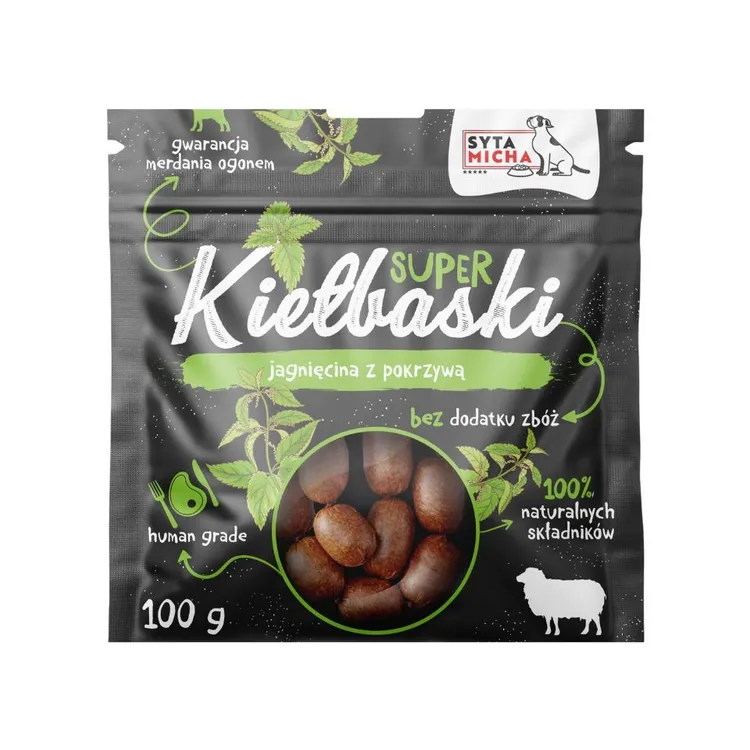Syta Micha super kiełbaski dla psa Z JAGNIĘCINĄ i pokrzywą 100g
