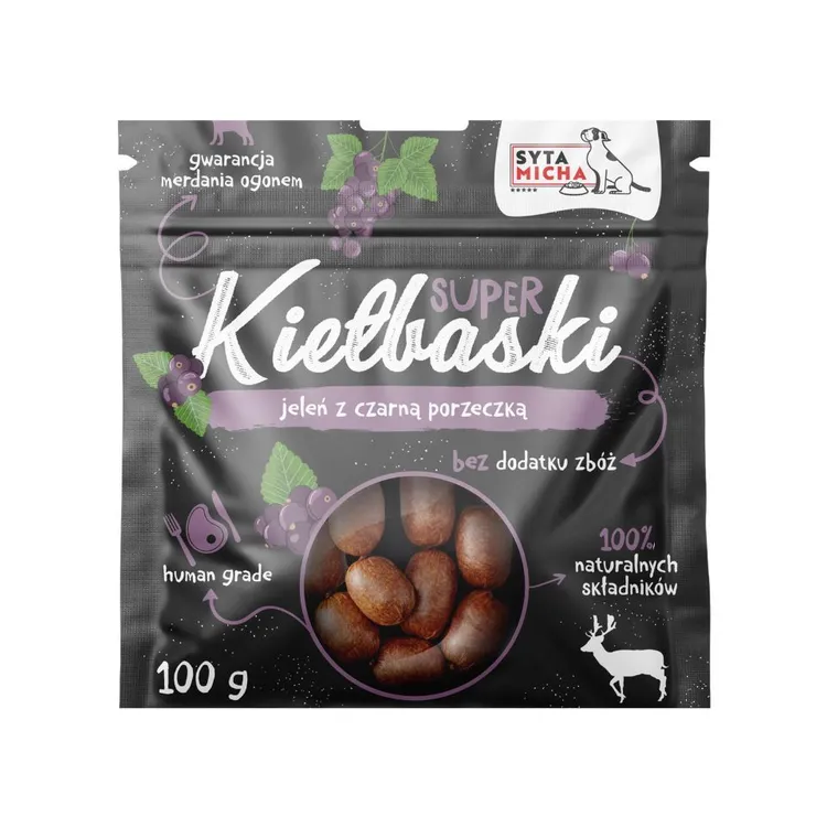 Super kiełbaski dla psa Z JELENIEM i czarną porzeczką 100g