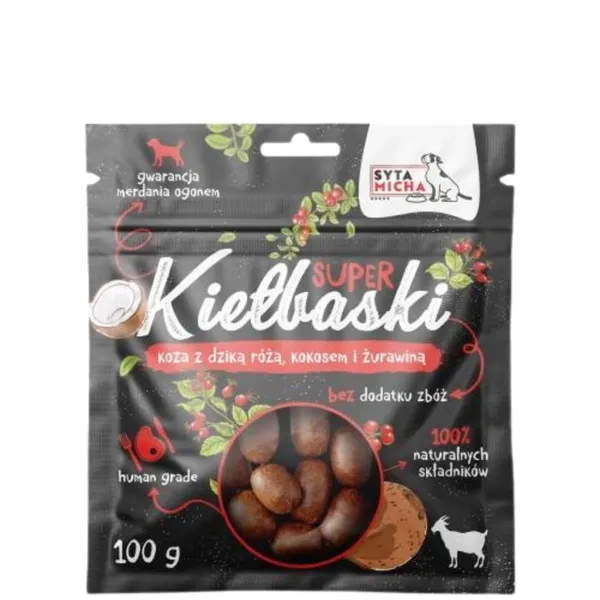 Syta Micha super kiełbaski dla psa Z KOZĄ, dziką różą i kokosem 100g