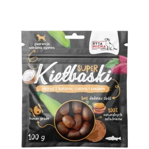 Syta Micha super kiełbaski dla psa Z PSTĄGIEM, batatem, cukinią i kokosem 100g
