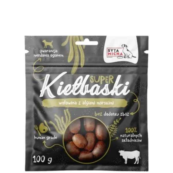 Syta Micha super kiełbaski dla psa Z WOŁOWINĄ i algami morskimi 100g