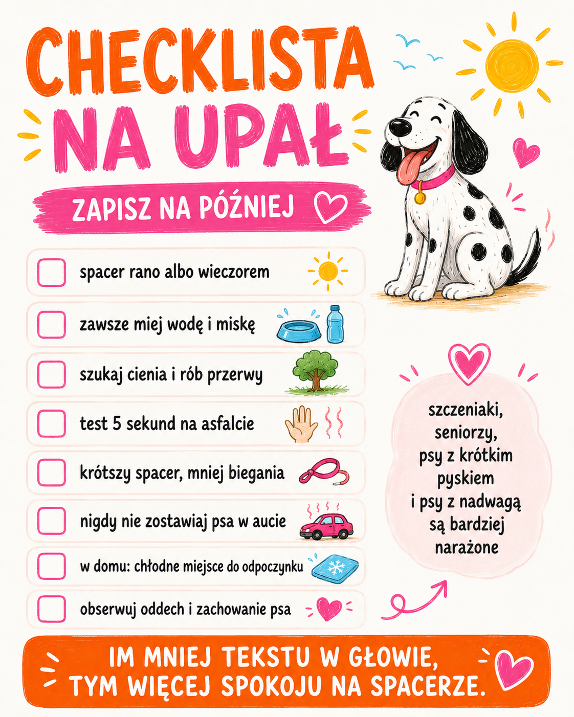 Infografika: checklista na upał przed spacerem z psem