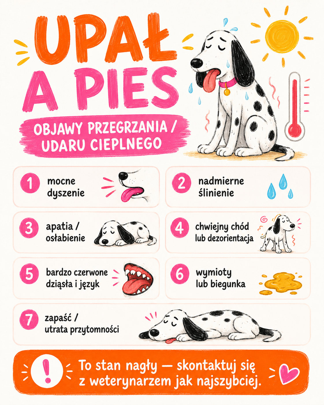 Infografika: objawy przegrzania i udaru cieplnego u psa